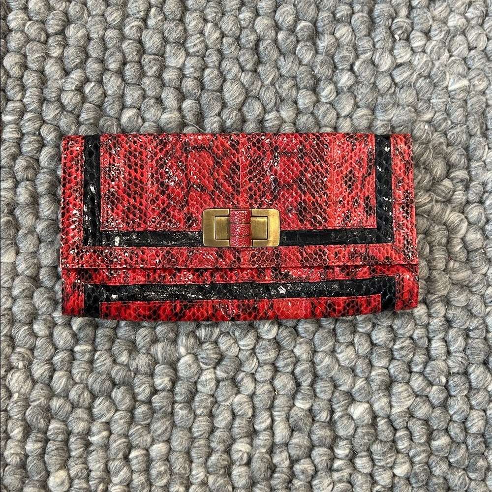 R&Y Augousti Vintage Red Exotic Snakeskin Python Turnlock Clutch Gold Hardware